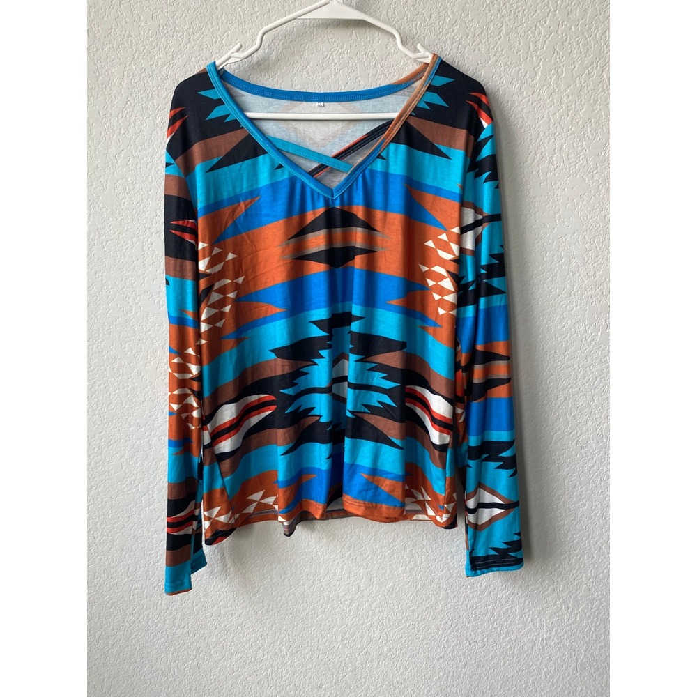 Unbranded Women Southwestern Aztec WESTERN Long Sleeve Top Size XL Blue Orange
